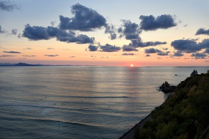 France, Pyrenees Atlantiques, Basque Country, Biarritz, the spanish Basque coast from the perspective of the Cote des Basques, surfers
