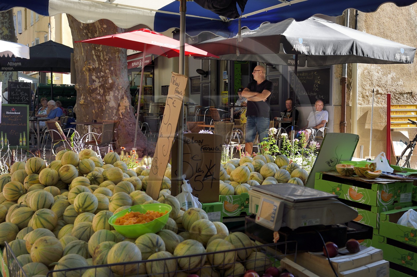 France, Var (83), Provence Verte, Cotignac, le marché sur la place principale, étal de melon