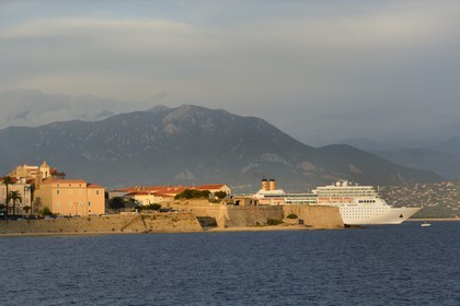 France, Corse du Sud, Ajaccio, the Citadel and cruise ship leaving the port