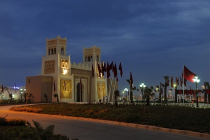 Morocco, Oriental Region, Mediterrania Saidia Seaside Resort, gate of the Medina Saidia Shopping arcade built as a traditional medina