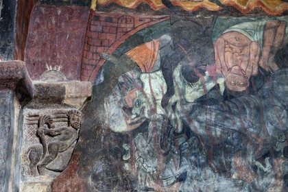 France, Haute Loire, Brioude, the Basilica of Saint-Julien de Brioude in Auvergne Romanesque style, 13th century frescoes in the Saint Michel chapel, representation of hell