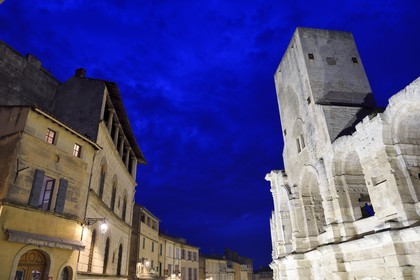 France, Bouches-du-Rhône (13), Arles, Palais de Luppé (colonnes), hotel particulier du XVIIe siècle qui fait face aux Arènes, amphithéâtre romain de 80-90 après JC, classé Patrimoine Mondial de l'UNESCO