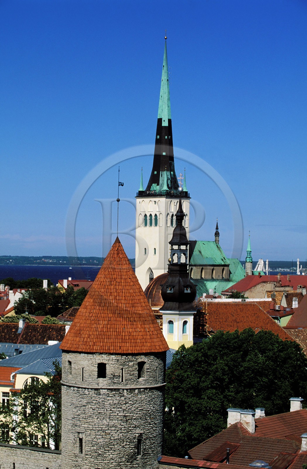 Estonie (Pays Baltes), région de Harju, Tallinn, capitale européenne de la culture 2011, le clocher de l'église Saint-Olaf domine les remparts de la vieille ville