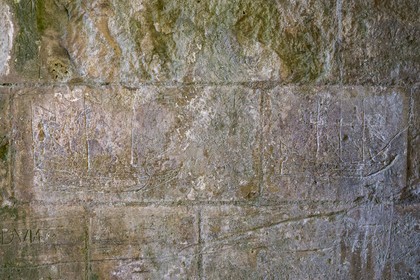 France, Charente Maritime, Saintonge, Marennes Hiers Brouage, Brouage citadel, labelled Les Plus Beaux Villages de France (The Most Beautiful Villages of France), 17th century graffiti of ships, linked to the salt trade, under the Royal Gate and engraved by the soldiers who observed them on the maritime quays