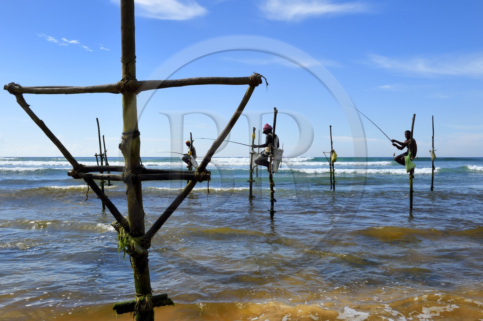 Sri Lanka, Province du Sud, région de Galle, plage de Midigama, pecheurs sur poteaux Sri Lanka, Province du Sud, région de Galle, plage de Midigama, pecheurs sur poteaux