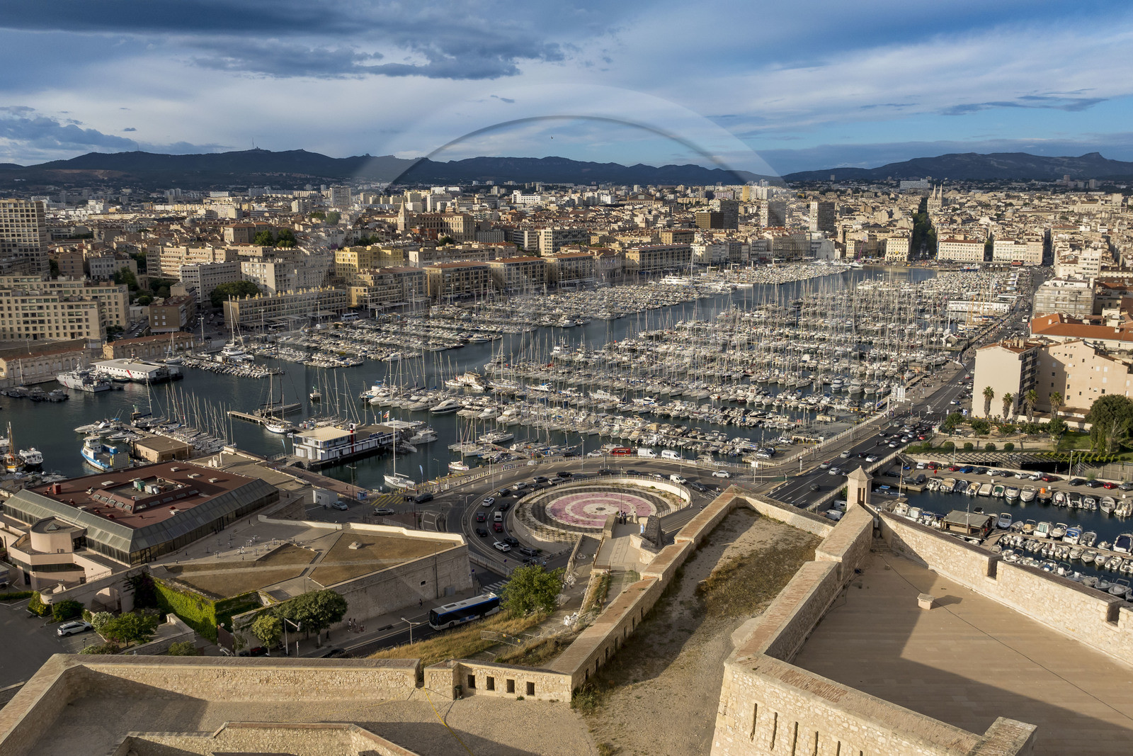 France, Bouches du Rhone, Marseille, the Vieux Port seen from the Citadelle de Marseille (Fort Saint Nicolas, the upper fort called Fort d’Entrecasteaux) (aerial view) France, Bouches du Rhone, Marseille, the Vieux Port seen from the Citadelle de Marseille (Fort Saint Nicolas, the upper fort called Fort d’Entrecasteaux) (aerial view)
