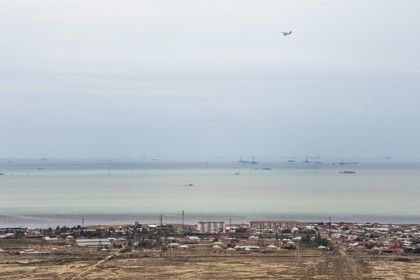 Azerbaijan, Baku Bay, Gobustan, offshore oil rigs in the Caspian Sea