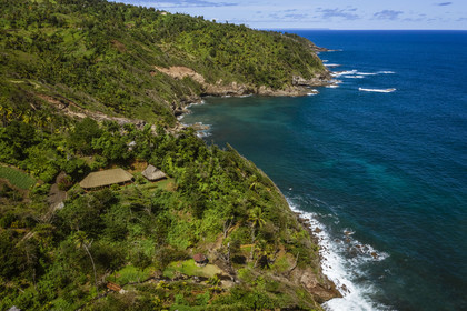 Caribbean, Dominica Island, Salybia, Kalinago Territory, Kalinago Barana Autê (the Caribbean village by the sea), large village of the Kalinagos Indians intended for the development and sharing of their traditional activities (aerial view)