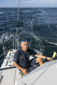 France, Vendee, Les Sables d'Olonne, skipper Manuel Cousin training on his 60-foot monohull sailboat IMOCA Coup de Pouce