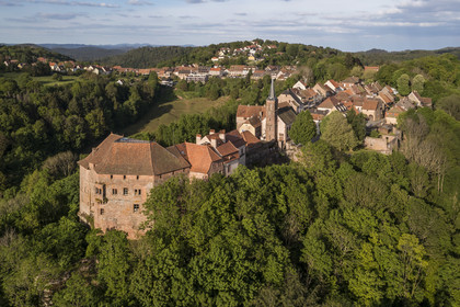 France, Bas-Rhin, Parc regional des Vosges du nord (Northern Vosges Regional Natural Park), La Petite Pierre, the castle of Lutzelstein at the tip of the old village, Vauban restructured the fortifications (aerial view)