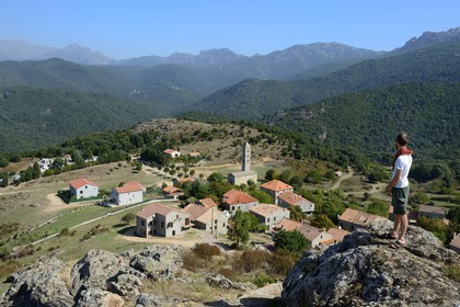 France, Corse du Sud, Alta Rocca, Carbini, Saint Jean Baptiste church and its campanile (Bell tower), the village was at the heart of the Giovannali heretic movement