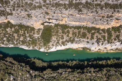 Var on the Left Bank and Alpes de Haute Provence on the Right Bank, Parc Naturel Regional du Verdon, Basses Gorges du Verdon downstream of Lake St. Croix, discovery by kayak of the gorges de Baudinard  (aerial view)