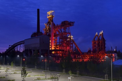 France, Moselle, Fensch Valley, Uckange steel mill, Blast furnace U4 park highlighted by Tous Les Soleils (All the Suns) by the visual artist (C) Claude Lévêque