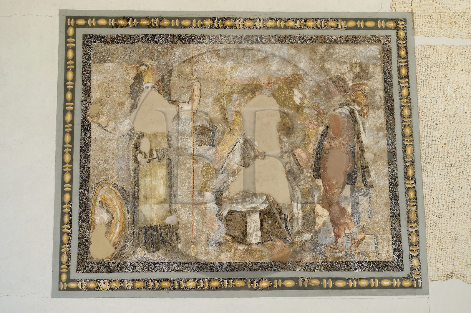Grèce, île de Delos, classée Patrimoine Mondial de l'UNESCO, site archéologique de Délos, le musée archéologique, sol en mosaïque de l'insula de la Bijouterie