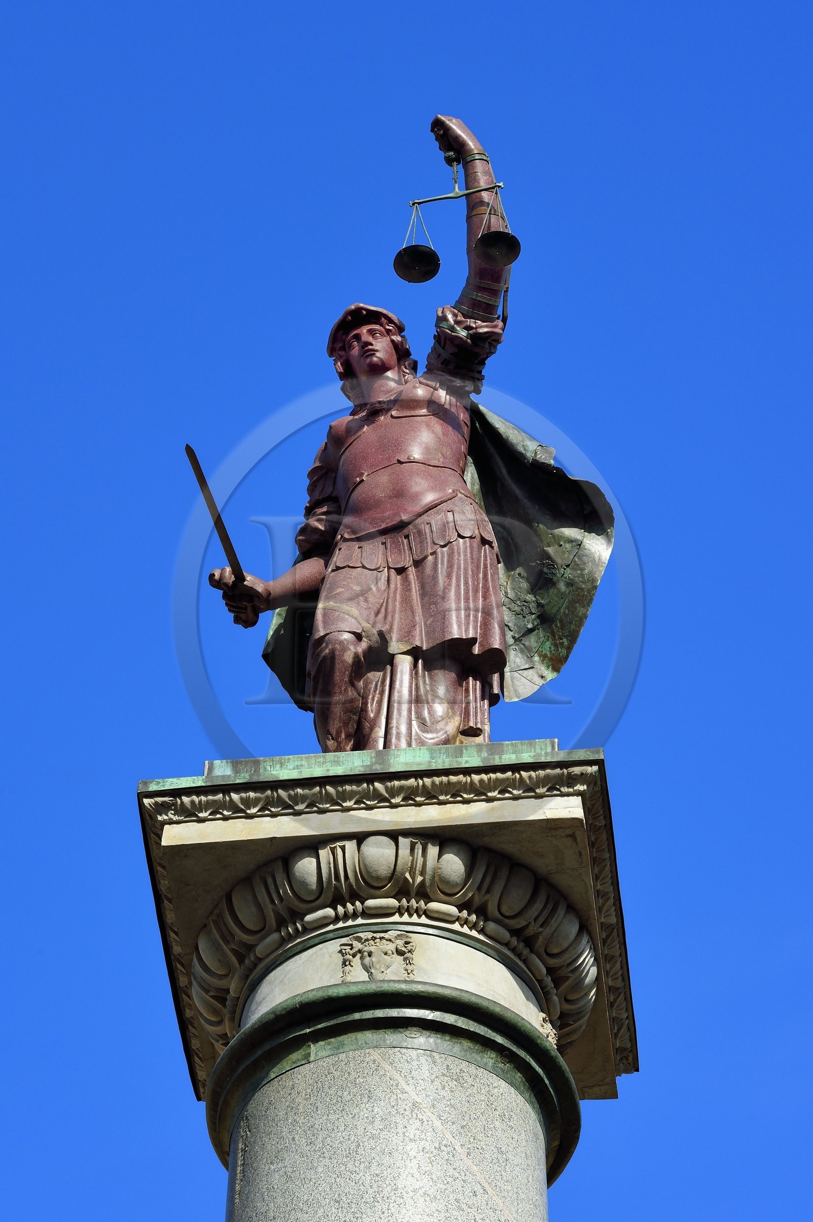 Italy, Tuscany, Florence, listed as World Heritage by UNESCO, Piazza Santa Trinita, the Column of Justice (Colonna della Giustizia) with a porphyry statue representing Justice at its top