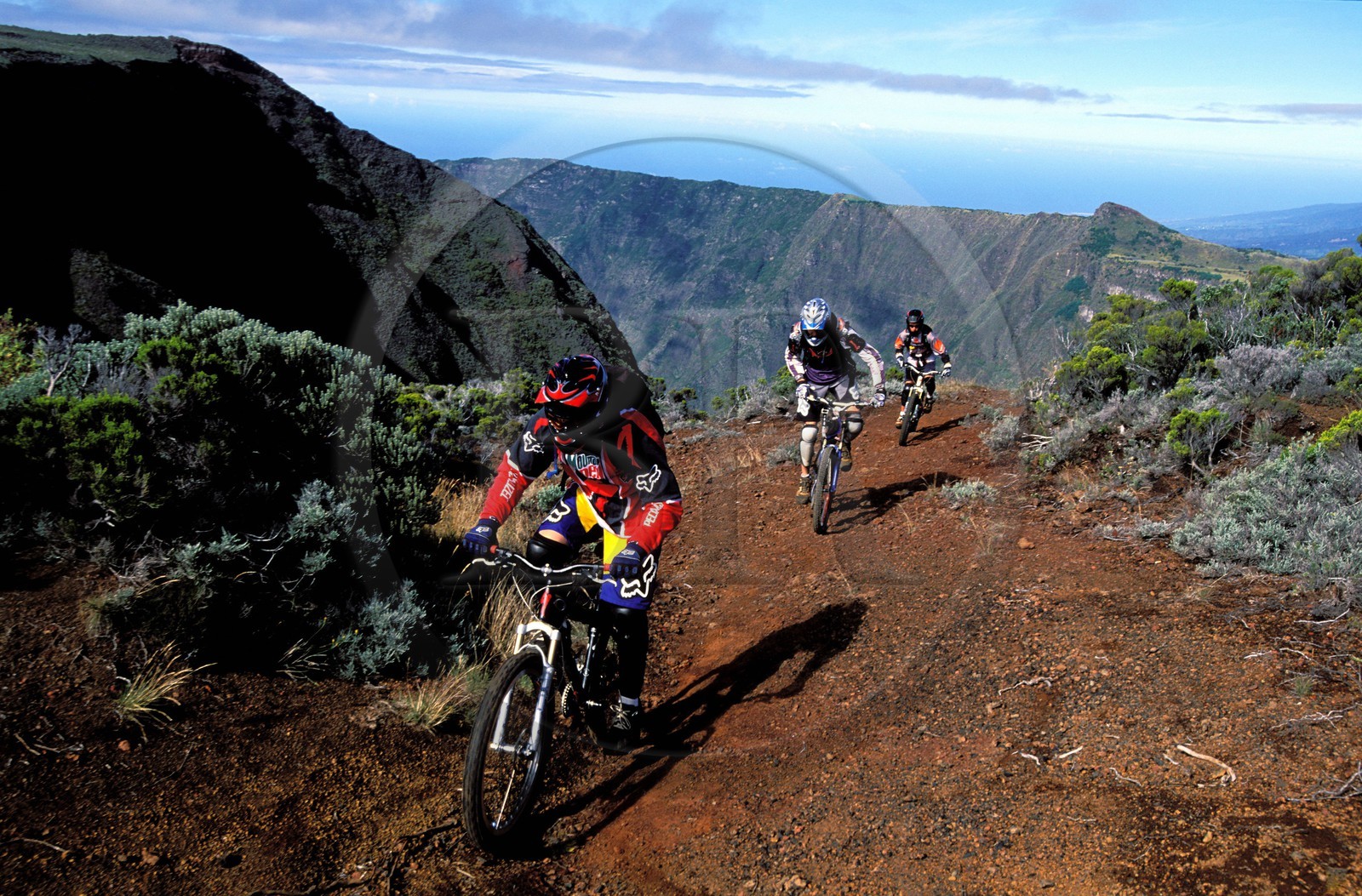 France, Reunion island (French overseas department), southeast, Piton de la Fournaise, listed as World Heritage by UNESCO, mountain bike descent on the volcano slopes