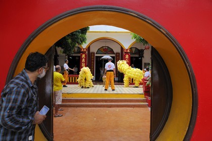 France, île de la Réunion, Saint-Pierre, danse traditionnelle du dragon à l'occasion des fêtes du nouvel an chinois dans un temple