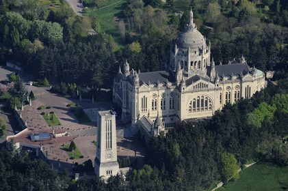 France, Calvados, Lisieux, St Therese de Lisieux basilica, one of the largest churches built in the XXth century (aerial view)