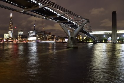 United Kingdom, London, the Millenium Bridge, The Shard, the tallest tower in London by Renzo Piano, and the Tate Modern in the background