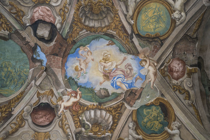 Italy, Liguria, Genoa, Rolli Palace listed as World Heritage by UNESCO in the Strada Nuova today via Garibaldi, the Palazzo Rosso or Brignole museum palace, trompe l'oeil baroque painting that imitates a ruined ceiling