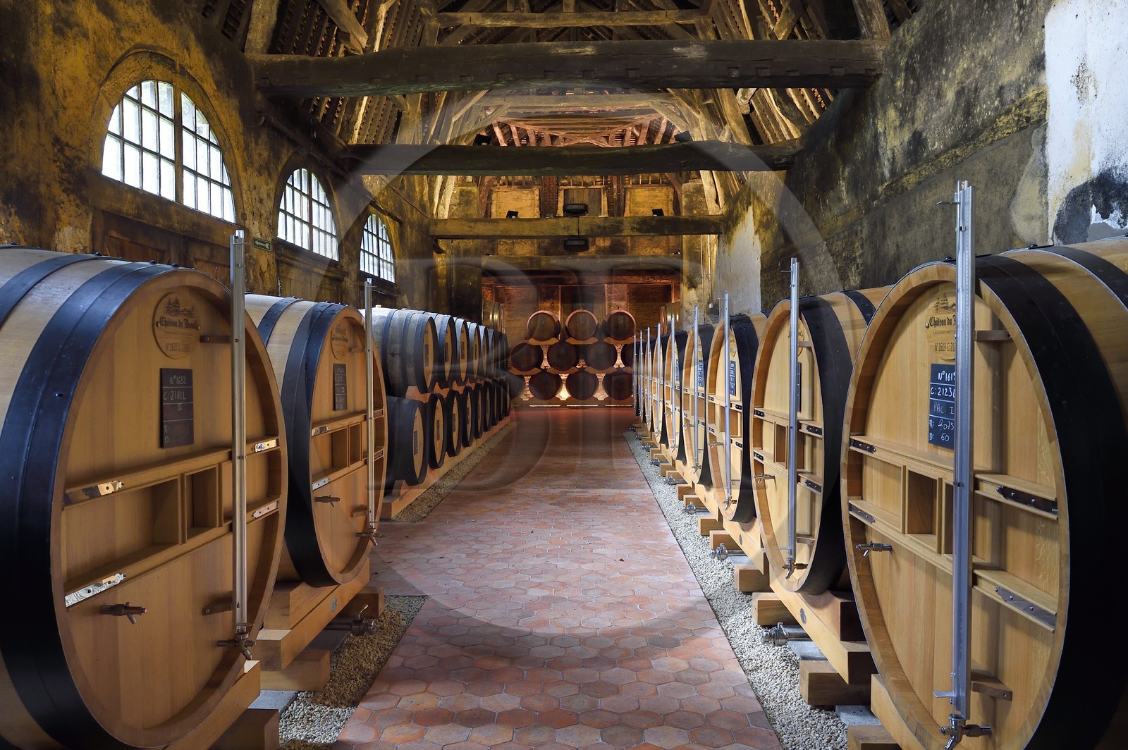 France, Calvados (14), Pays d'Auge, Le Breuil-en-Auge, Chateau du Breuil producteur de Calvados AOC Pays d’Auge, tonneaux dans les chais de vieillissement