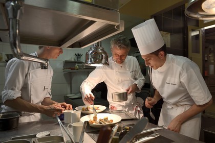 France, Rhone, Lyon, restaurant La Mère Brazier founded in 1921 by Eugenie Brazier, Mathieu Viannay two Michelin stars Chef and his kitchen brigade