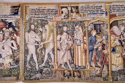 France, Haute-Loire (43), Parc naturel régional Livradois-Forez, l'abbaye de La Chaise-Dieu, tapisseries de la tenture de choeur, ensemble des 14 tapisseries flamandes réalisées au XVIe siècle retraçant des récits bibliques issus de l’Ancien et du Nouveau Testament, la tentation du Christ au désert est entourée par celle d'Adam et Eve à gauche et celle d'Esaü à droite
