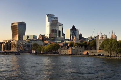 United Kingdom, London,  the River Thames, the Tower of London, the City with its skyscrapers, the tower known as the Walkie Talkie designed by architect Rafael Viñoly, Tower 30 St Mary Axe or Swiss Re Building also known as the gherkin designed by architect Norman Foster