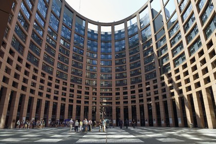 France, Bas Rhin, Strasbourg, European district, the European Parliament, Louise Weiss building, the agora is a monumental place located inside a recessed tower