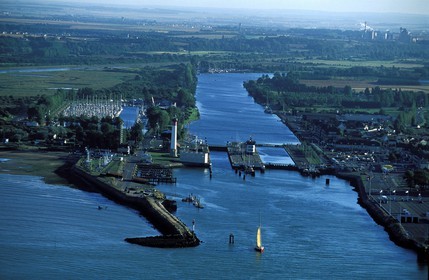 France, Calvados, Cote de Nacre, mouth of the Orne river at Ouistreham (aerial view)
