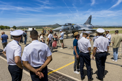 France, Bouches du Rhone, Salon de Provence, air base 701, base of the Patrouille de France (PAF for Patrouille acrobatique de France) of the French Air and Space Force, aerial demonstrations in the presence of the families of the student officers for the Echange des Gardes ceremony, a Mirage 2000-5 aircraft presented on the tarmac