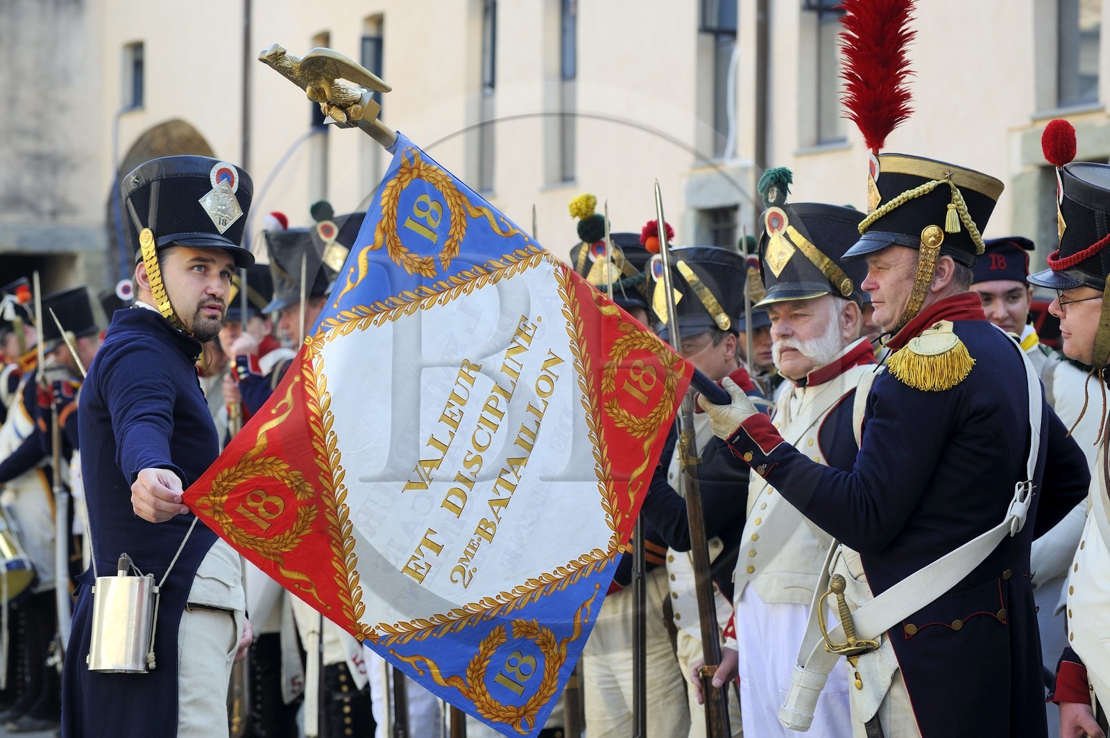 Italie, Ligurie, Sarzana, Napoleon Festival, soldats français de la Grande Armée du 18ème Régiment d'Infanterie de Ligne dont la devise était Valeur et Discipline