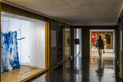 France, Bouches du Rhone, Marseille, architectural work of Le Corbusier, listed as World heritage by UNESCO, the Cité Radieuse by the architect Le Corbusier, Ambre Cardinal exhibition at Galerie Kolektiv 313 in the ambulatory between the 3rd and 4th floors