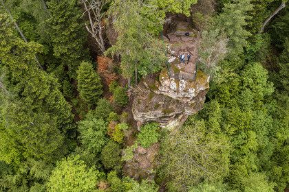 France, Bas-Rhin, Parc regional des Vosges du nord (Northern Vosges Regional Natural Park), La Petite Pierre, the Rocher Blanc (White Rock), pink sandstone rock to which the clear lichen give its name, of the Trois Roches trail (aerial view)