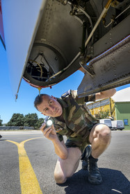 France, Bouches du Rhone, Salon de Provence, air base 701, base of the Patrouille de France (PAF for Patrouille acrobatique de France) of the French Air and Space Force, adjudant Nicolas Renard, the mechanic, takes a tour of his Alphajet