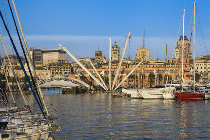 Italy, Liguria, Genoa, the Porto Antico (Old Port) and the Bigo panoramic lift designed by Renzo Piano