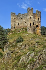 France, Cantal (15), Gorges de la Truyère, Alleuze, ruines féodales perchées du château fort d'Alleuze du XIIIe siècle reconstruit en 1405