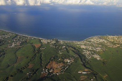 France, Reunion Island (French overseas department), north-eastern coast between Sainte Suzanne and Saint Andre, sugar cane fields (aerial view)