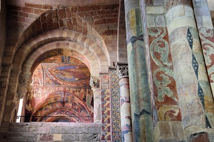 France, Haute Loire, Brioude, the Basilica of Saint-Julien de Brioude in Auvergne Romanesque style, 13th century frescoes in the Saint Michel chapel in the south gallery of the front nave, Christ in glory is surrounded by the four evangelists, angels and saints