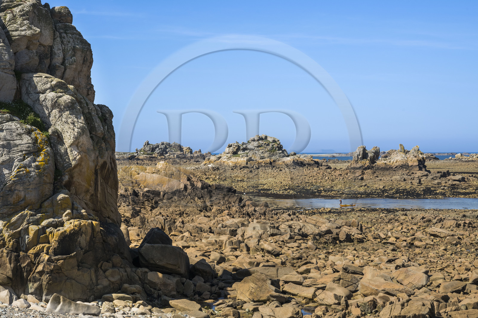France, Côtes-d'Armor (22), Côte d'Ajoncs, Plougrescant, la plage de Pors (Porz) Scaff à marée basse
