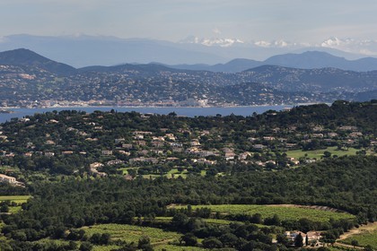 France, Var (83), golfe de Saint-Tropez, Gassin, labellisé Les Plus Beaux Villages de France, la presqu'Ile de Saint-Tropez et la ville de Sainte-Maxime, les pré-Alpes enneigées en arrière plan