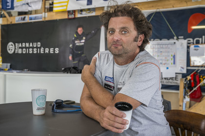 France, Vendee, Les Sables d'Olonne, Port Olona, Vendée Globe sailboat pontoon, le skipper Arnaud Boissière du voilier monocoque de 60 pieds IMOCA La Mie Caline