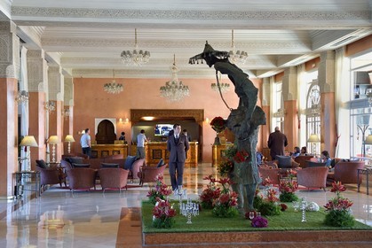 Morocco, High Atlas, Marrakech, Imperial city, Hivernage district, Hotel Sofitel Marrakech Palais Imperial lobby, sculpture of a guerrabas or water carrier