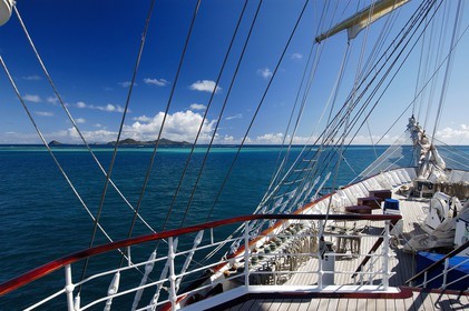 Caribbean sea, St Vincent and the Grenadines, Tobago Cays archipelago seen from the Royal Clipper