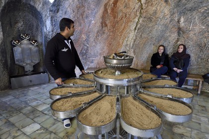 Iran, Yazd province, Chak Chak fire temple home of one of the most sacred mountain shrines of Zoroastrianism, the sacred fire on a lotus flower symbol of peace, in the background the three lights for good thoughts, good words and good deeds