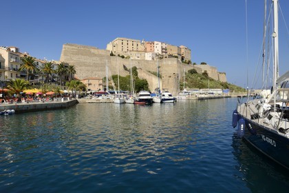 France, Haute-Corse (2B), Calvi, le vieux port dominé par la citadelle
