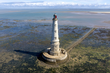 France, Gironde, Verdon sur Mer, rocky plateau of Cordouan at low tide, lighthouse of Cordouan, listed as World Heritage by UNESCO (aerial view)