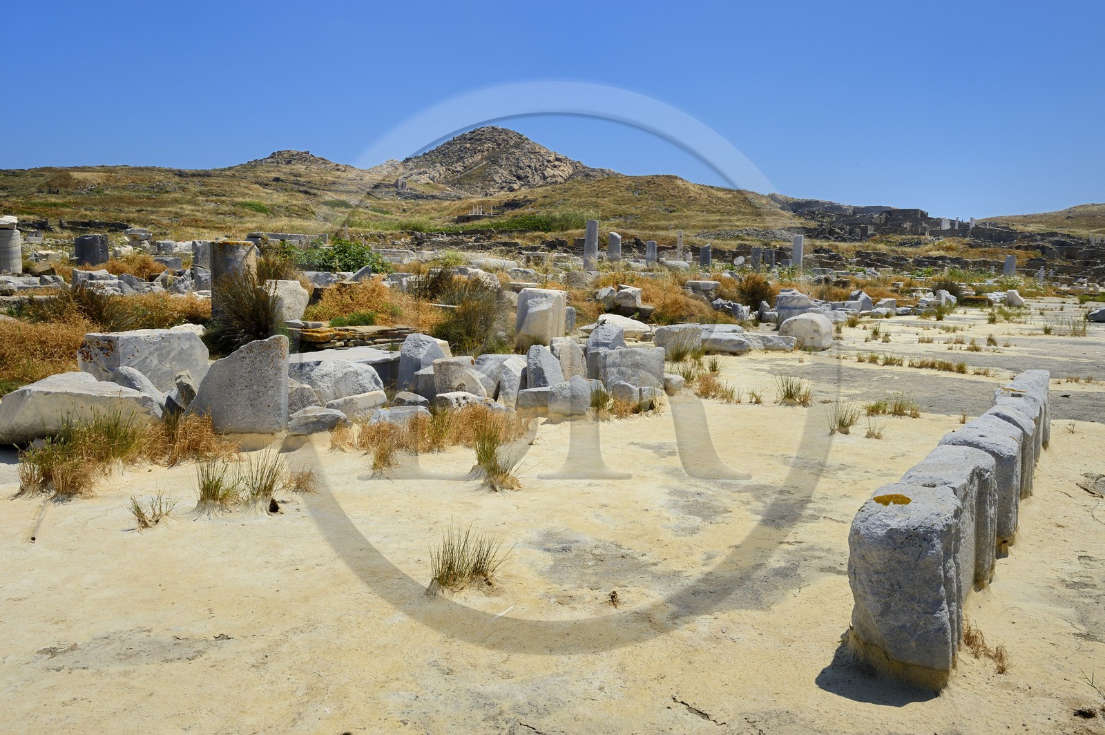 Grèce, île de Delos, classée Patrimoine Mondial de l'UNESCO, site archéologique de Délos, sanctuaire d'Apollon, la plus grande cité antique de la mer Egée, vestiges du quartier du port