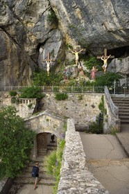 France, Var, Plan d'Aups Sainte Baume, Sainte-Baume Regional Nature Park, Sainte Baume massif, stairs of the Chemin des Rois (kings path) leading to the cave sanctuary of Sainte Marie-Madeleine (St. Mary Magdalene) and the calvary at the entrance to the site
