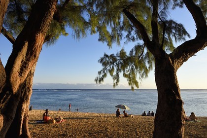 France, île de la Réunion, la Cote Ouest, plage du lagon de Saint-Gilles-Les-Bains à l'Ermitage-les-Bains, à l'ombre des filaos